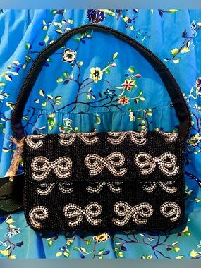 NWT From India to You Black, Silver Hand Beaded Bow Flap Shoulder Bag